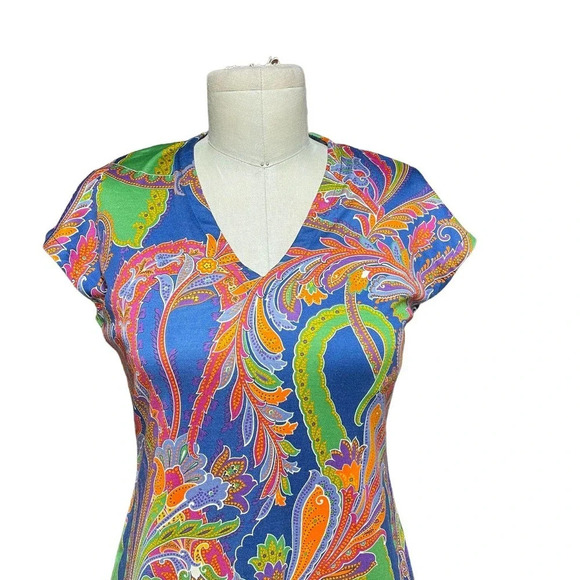 Ralph Lauren Black Label Blue Multicolor Paisley Silk Jersey Sheath Dress Size 4 - Picture 2 of 9